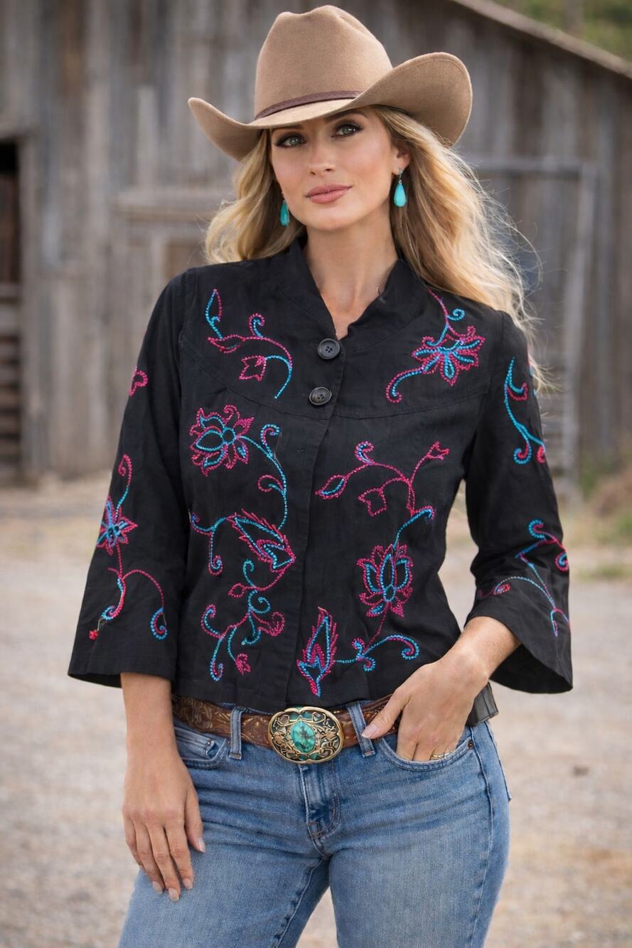 Choices Jacket Large Black Pink Floral Embroidered Rodeo Boho Cowgirl Western